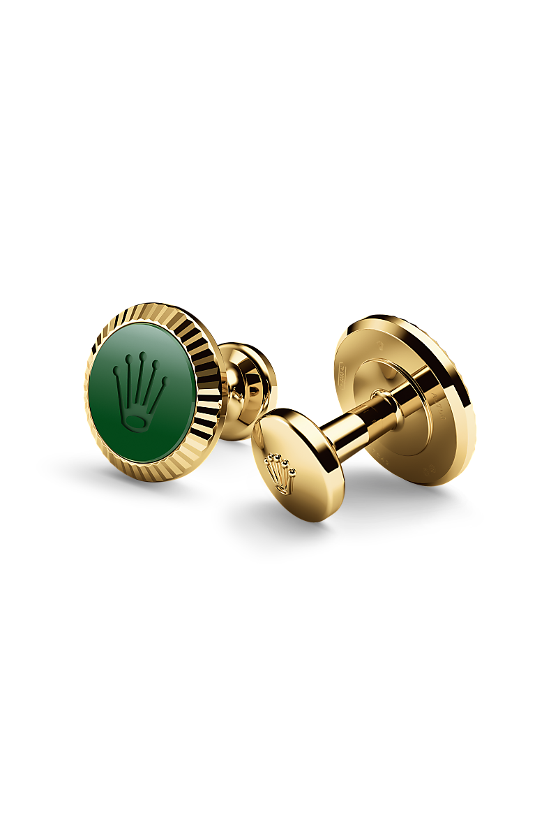 Rolex cufflinks made of 18 ct yellow gold featuring the signature Rolex fluting, Cerachrom insert and Rolex crown