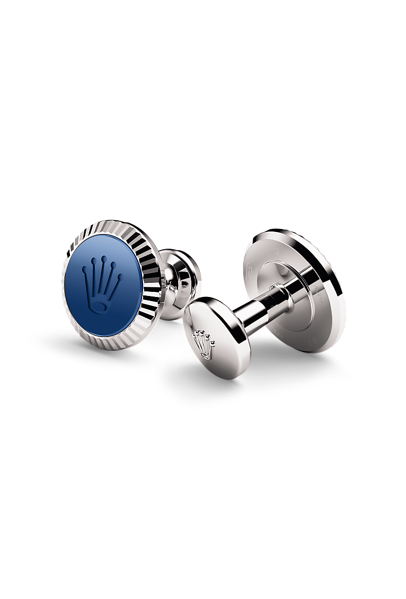 Rolex cufflinks made of 18 ct white gold featuring the signature Rolex fluting, Cerachrom insert and Rolex crown